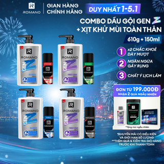  Combo Dầu gội nam Romano Gen Z Hương Sea Breeze  Forest Cedar 610g  chai + Xịt khử mùi cho nam 150ml  chai 