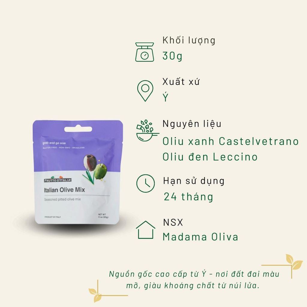 Gói Oliu/Olive Mix tẩm gia vị 30g - tách hạt, olive xanh, olive đen - Frutto D'Italia