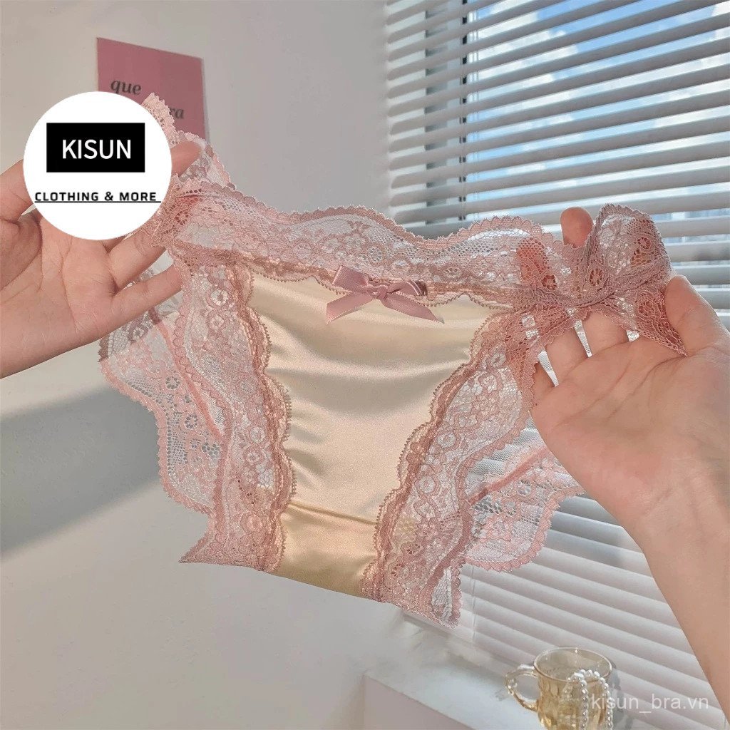 Delicate Lace Trim Satin Briefs, Sheer Mesh Side Panel Panties, Bow Accent Underwear for Women