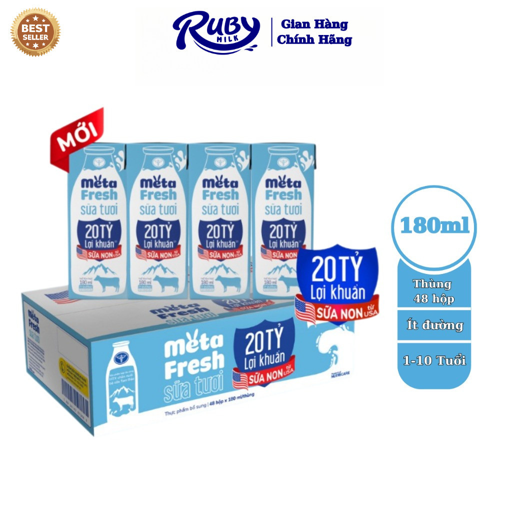 Sữa tươi 180ml Nutricare Meta Fresh lợi khuẩn Ít Đường sữa non tăng cường miễn dịch, đề kháng