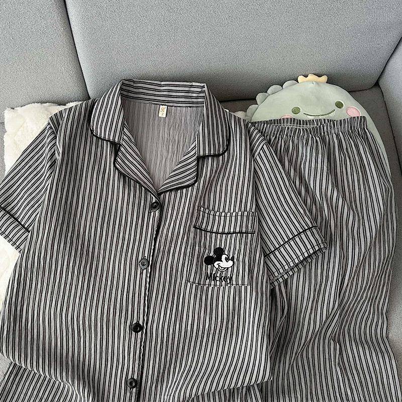 Women's Pajamas Women's Spring and Autumn Short-Sleeved Trousers Cartoon Striped Summer Lapels Outer