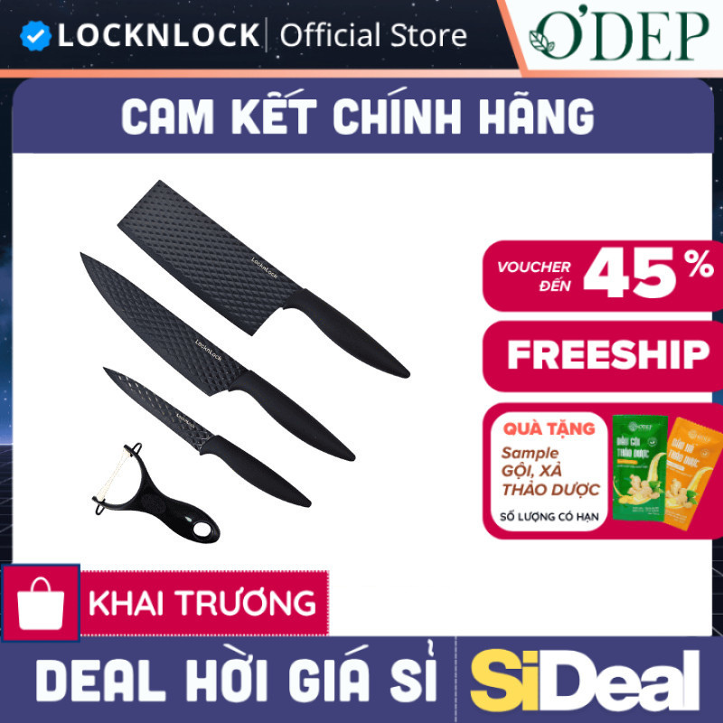 Bộ dao 4 món LocknLock, chống dính, chất liệu thép không gỉ (3 dao 1 bào) - Màu đen CKK104S4 - SIDEA