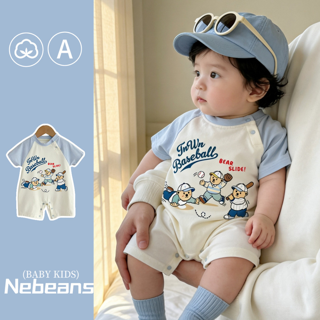 0-2 Tuổi Bé Mùa Hè Jumpsuit Đi Chơi Đồng Nhất Bóng Chày Gấu Nam Nữ Áo Liền Quần Cotton Áo Liền Quần 