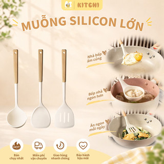 Xẻng Nấu Ăn Bằng Silicon,Bộ 3 Silicone Xẻng,Cán gỗ chịu nhiệt, chống dính,không làm hỏng chảo, dễ vệ sinh.