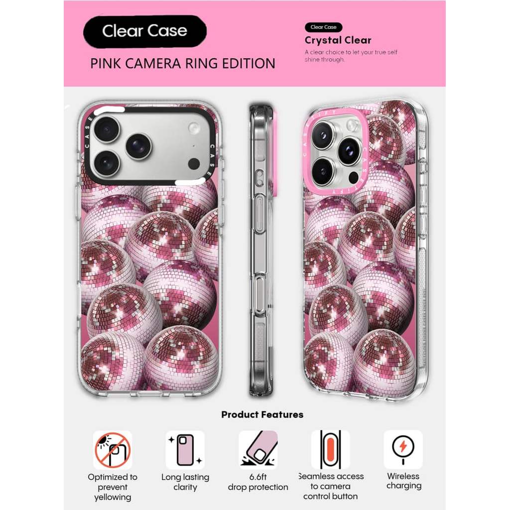 CASECASE X Pink Disco Fever Case HỒNG CAMERA RING EDITION Tác động Vỏ hút từ tính trong suốt cho iPh