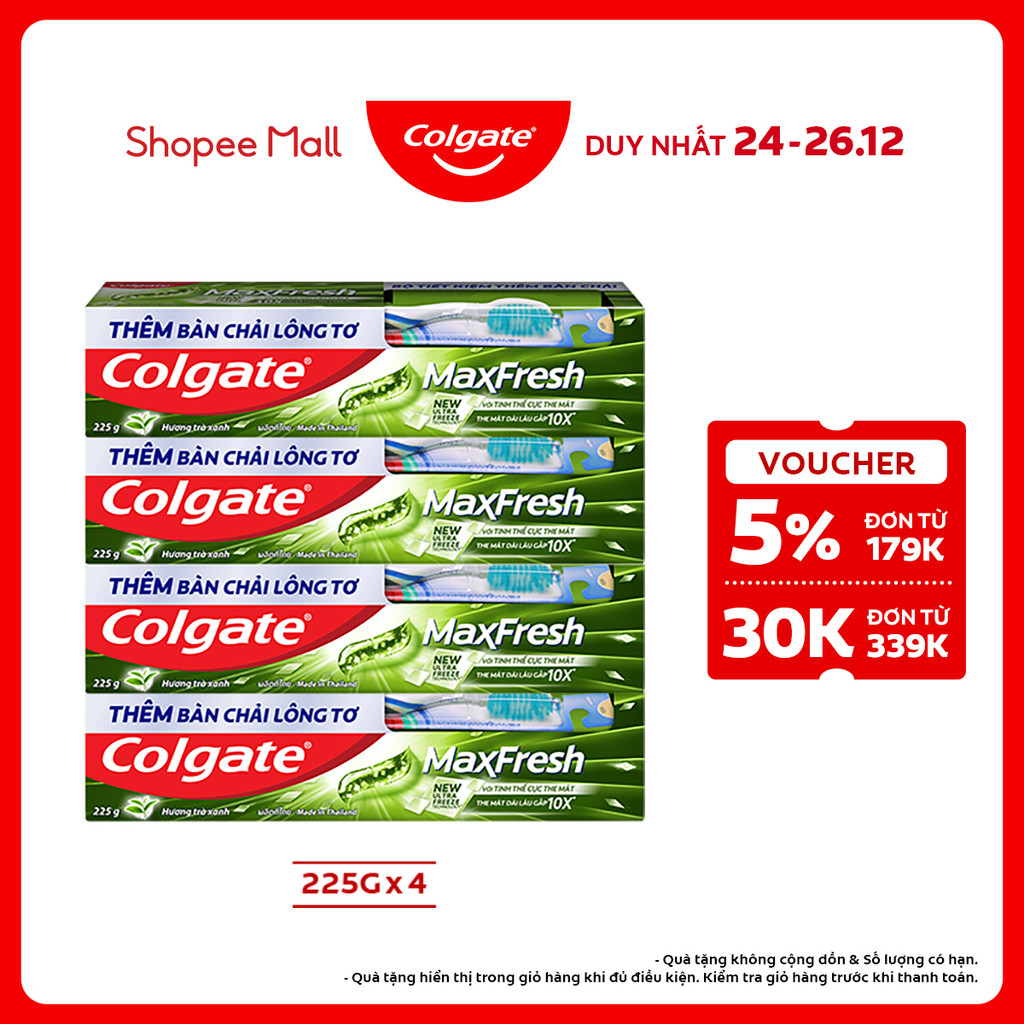  Bộ 4 Kem đánh răng Colgate Maxfresh Trà Xanh the mát 225g tuýp tặng bàn chải 