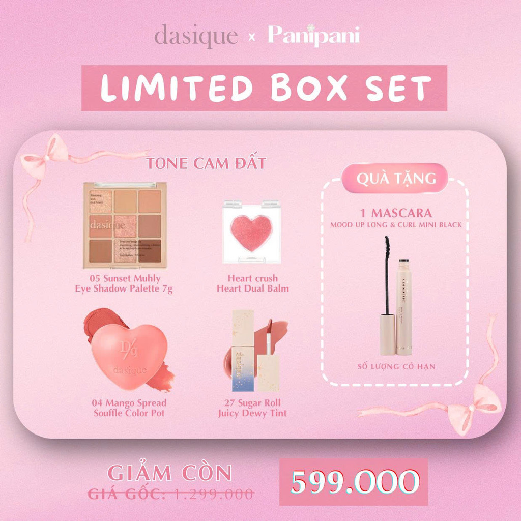 [DASIQUE] Bảng mắt 05 Sunset Muhly + Son dưỡng Heart Crush + Son bùn 04 Mango Spread + Son 27 Sugar 