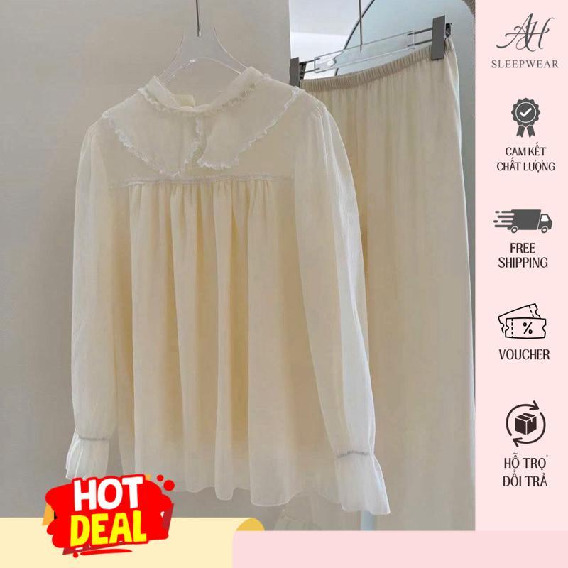 Bộ ngủ voan tơ mềm tiểu thơ phối cổ sen điệu SP1972