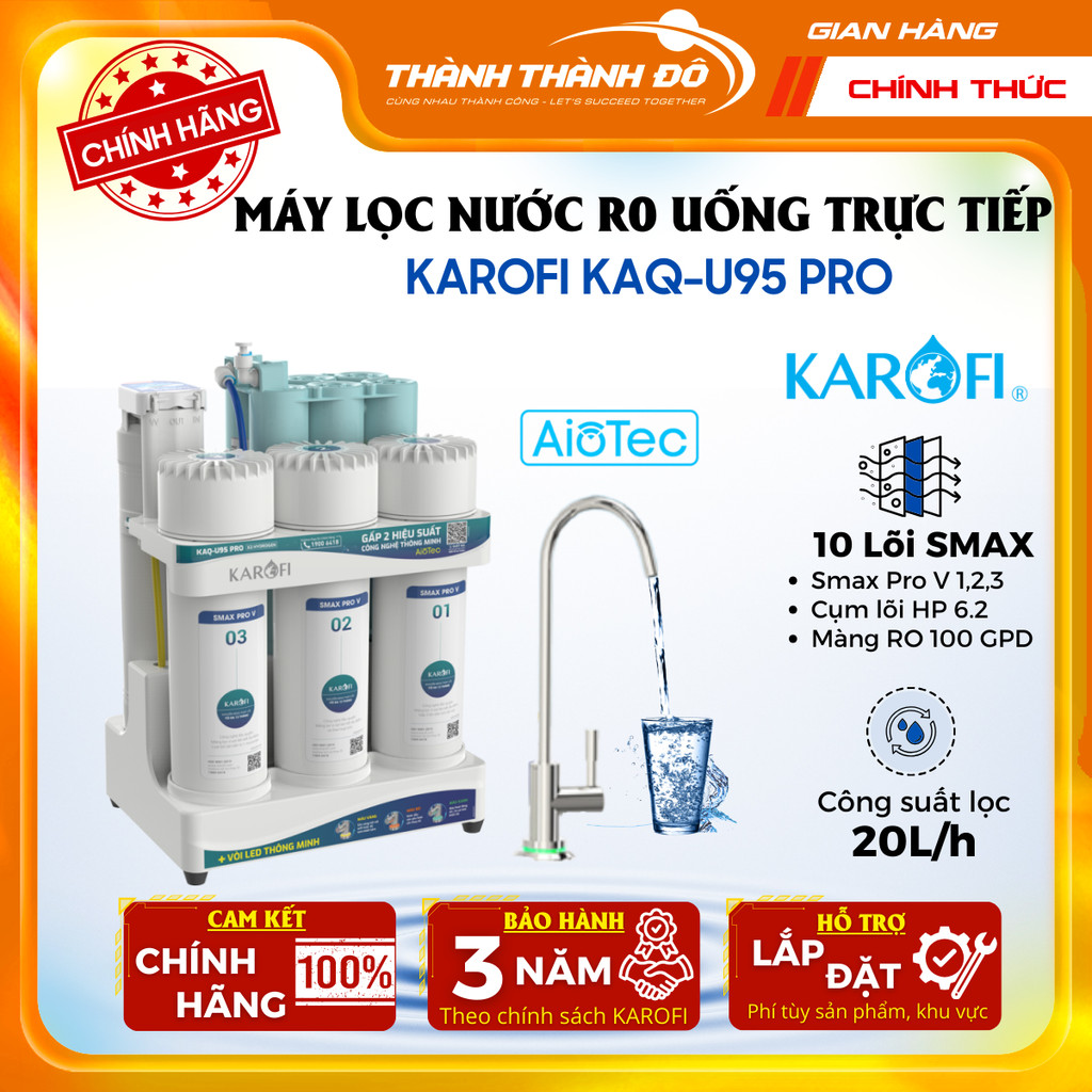 [CHÍNH HÃNG] Máy Lọc Nước RO Karofi KAQ-U95 PRO - Hệ Thống 10 Lõi Lọc SMAX - Uống Trực Tiếp