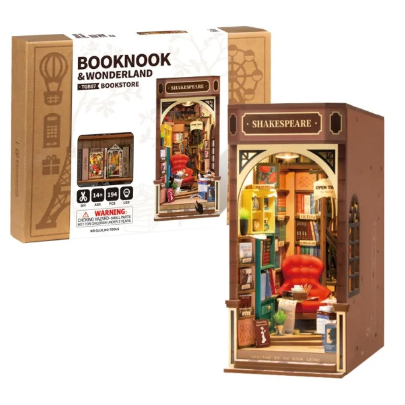 Robotime Rolife Booksstore Book Book Nook Bookend Model Kit có đèn LED DIY Miniature House Kit để tr