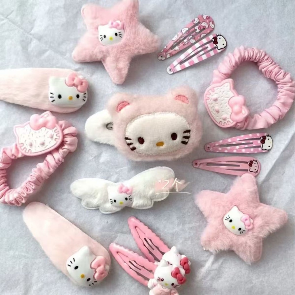 15Set of cute pink plush cartoon cat alligator clips, Japanese-style girl cartoon hair accessories, 