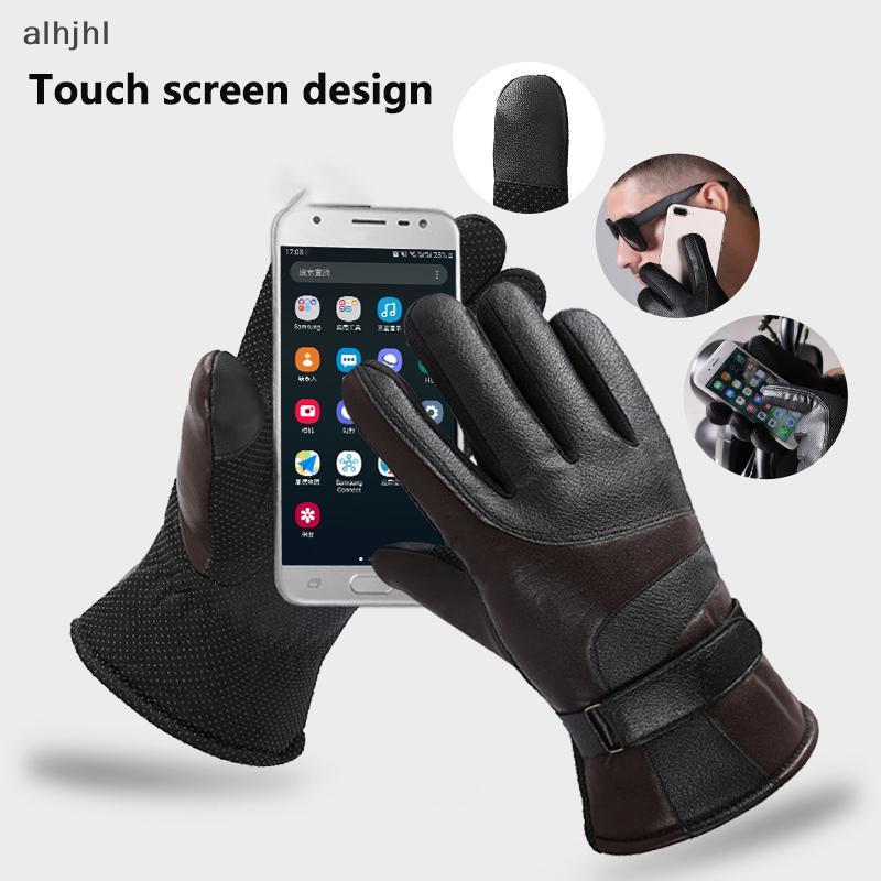 AL 1 Pair Winter Touch Screen Leather Gloves For Men Warm Windproof Anti Slip Motorcycle Rider Equip