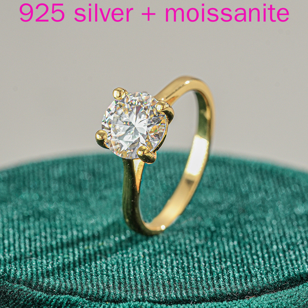 Nhẫn bạc S925 đá Moissanite nữ, nhẫn bốn chấu, mạ vàng 18K kiểu dáng đơn giản, thời trang