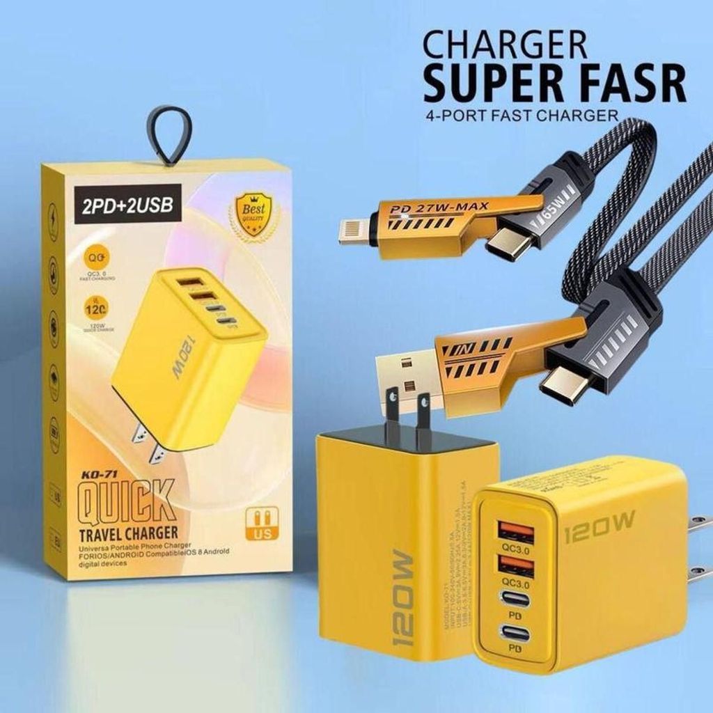 Đầu sạc 120W+Cáp sạc 4 trong 1, Cáp sạc nhanh 65W Loại C Đa chức năng, sạc nhanh 4 trong 1 .