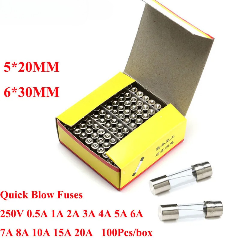 100 Chiếc Ống Bảo Hiểm Thổi Nhanh 5 * 20MM KÍNH Thổi Nhanh FUSE 5 * 20 6 * 30 6 * 30MM 5X20 250V 0.5