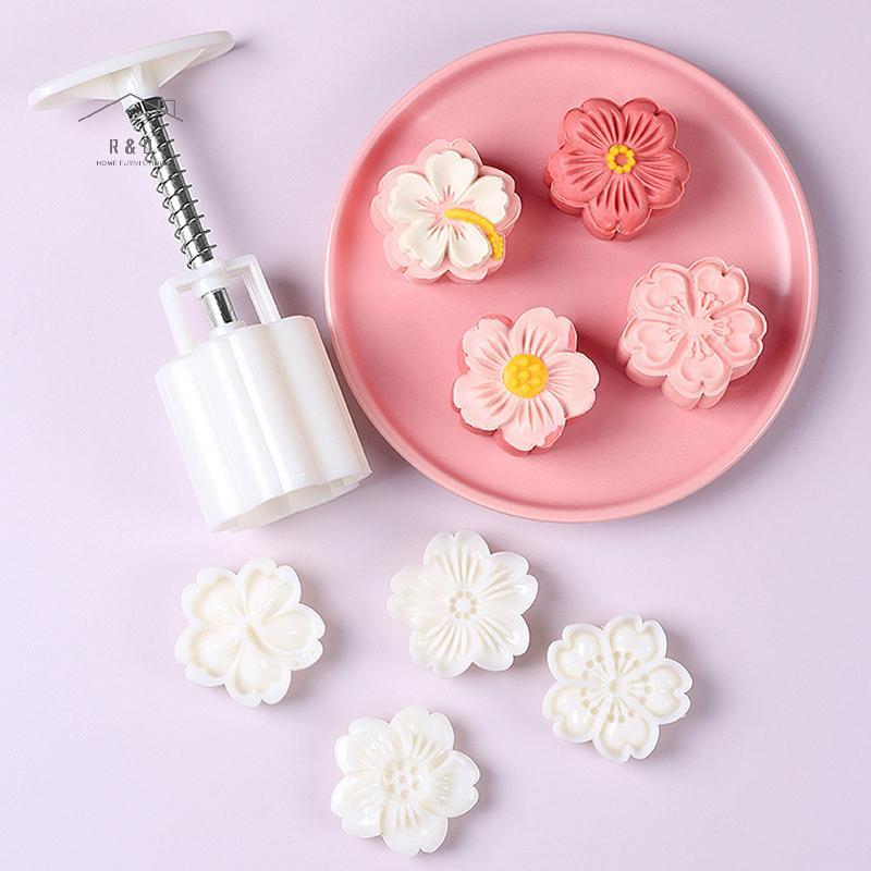 RO  4 Cái / bộ Khuôn Bánh Trung Thu Hoa Anh Đào Hoa Họa Tiết Tem Tay Bấm Khuôn Pít Tông Bánh Ngọt Dụng Cụ Mới