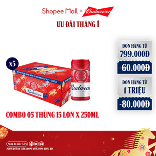  Combo 5 Thùng 15 Lon Bia Budweiser PartyPack Chính Hãng  250ml lon 