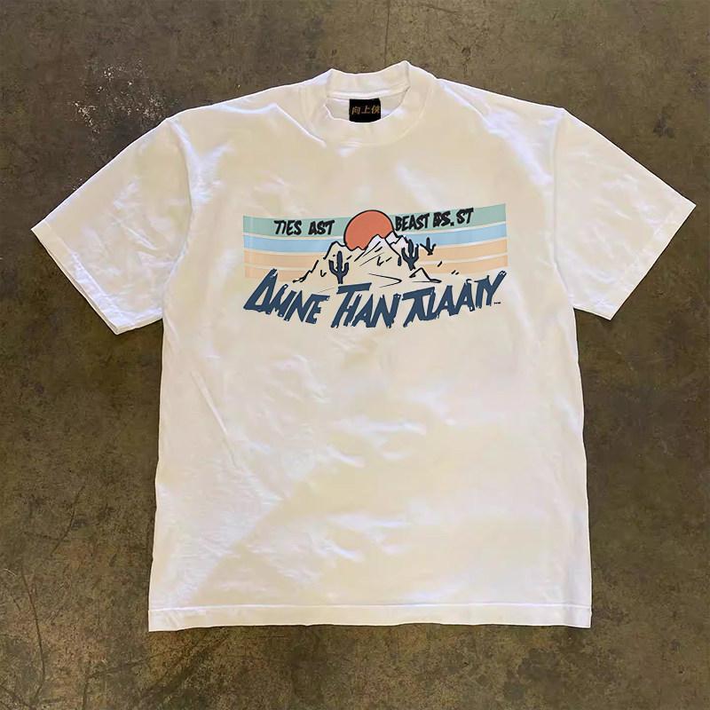 Áo Thun Họa Tiết Truyện Tranh Mỹ Retro – Cây Xương Rồng & Mặt Trời Sa Mạc, Cotton 210gsm, Thiết Kế V