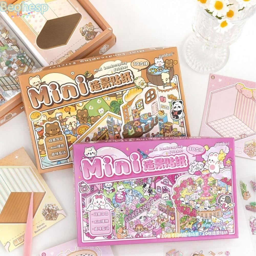 Sách dán phong cảnh BEOHESP, Nhà thu nhỏ DIY Cabin Scene Pocket Sticker, Phim hoạt hình dễ thương PE