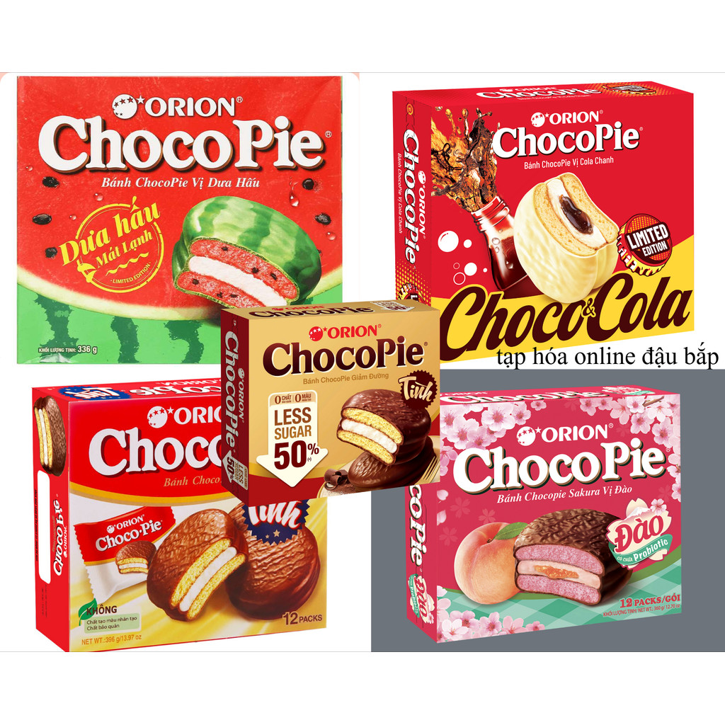 Hộp Bánh ChocoPie Orion Tình, Cola Chanh, Dưa Hấu, Sakura Đào, Giảm Đường 360g - 435.5g (12 Gói) Tết