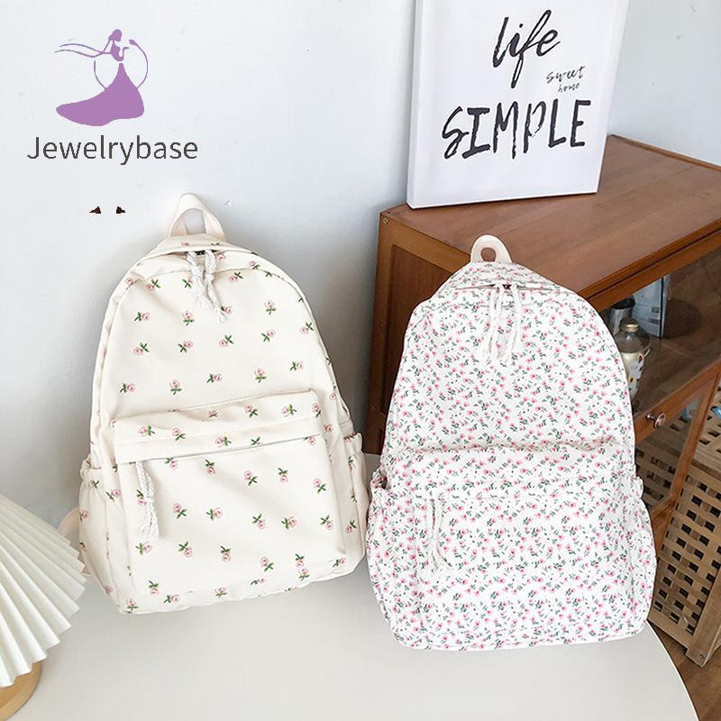 [jewelrybase] Ba lô đi học sinh Túi đi học màu trắng hoa cho bé gái tuổi teen Ba lô nữ dễ thương Túi
