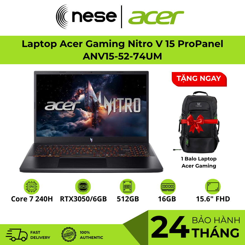 Laptop Acer Gaming Nitro V 15 ProPanel ANV15-52-74UM(Core 7-240H;16GB;512GB SSD;RTX3050/6GB;15.6" FH
