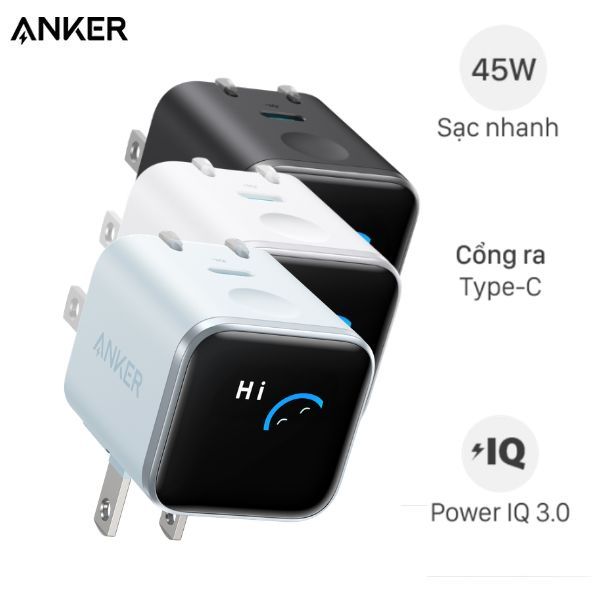Củ sạc nhanh Anker Nano A121D, màn hình LED, chân gập 180 độ, hỗ trợ 45W