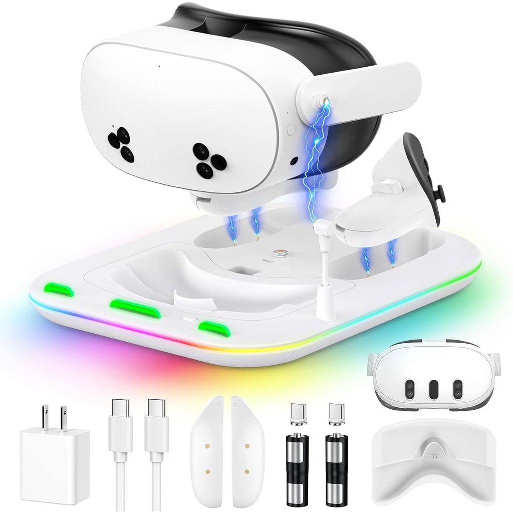 Đế sạc từ tính nhanh 20W cho Meta Quest 3 / 3S & Oculus Quest 3S / 3, Trạm RGB với 2 chân đế điều kh
