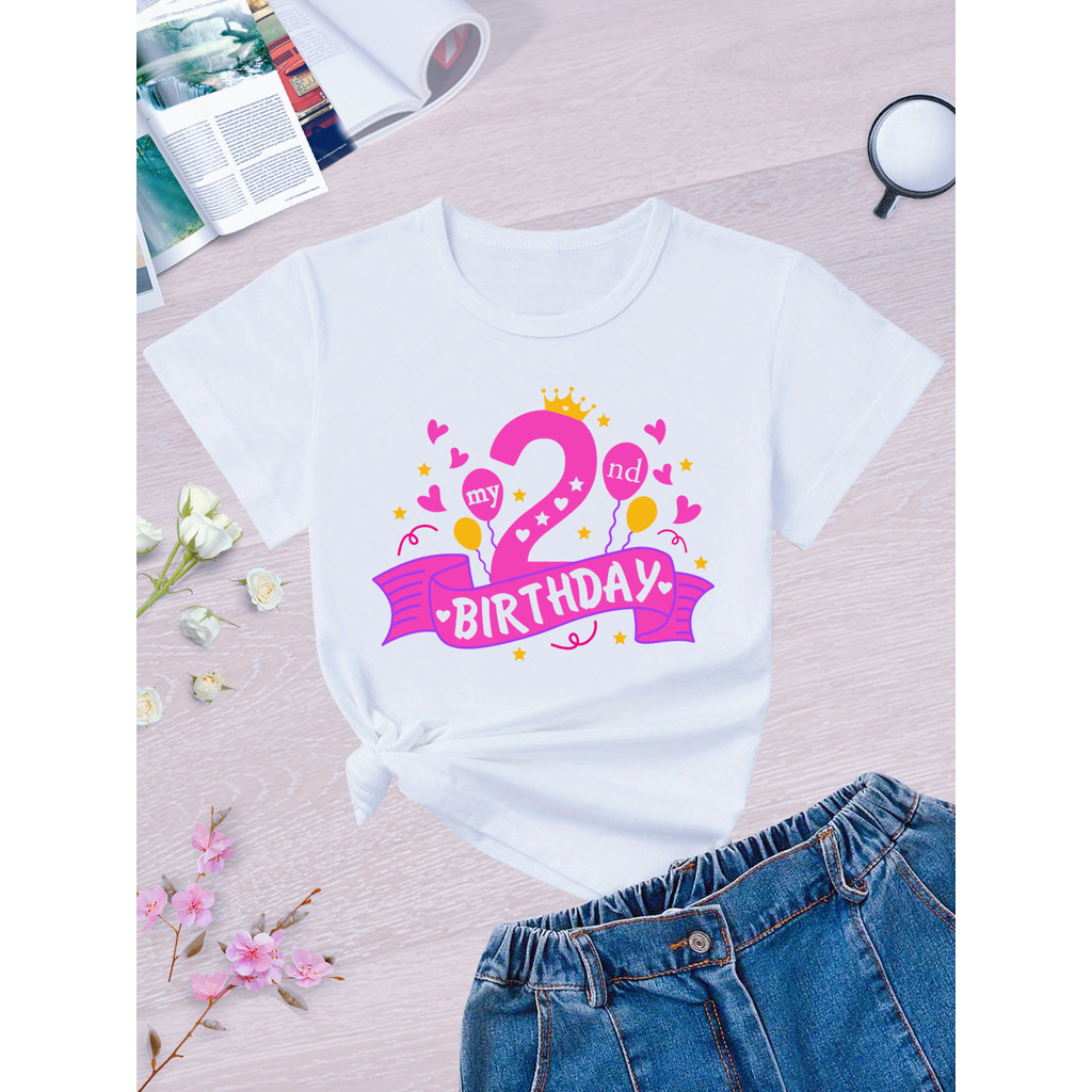 Trang phục sinh nhật lần thứ 2 của tôi - Áo thun cổ tròn số 2 & chữ, mặc tiệc thông thường cho bé 2 