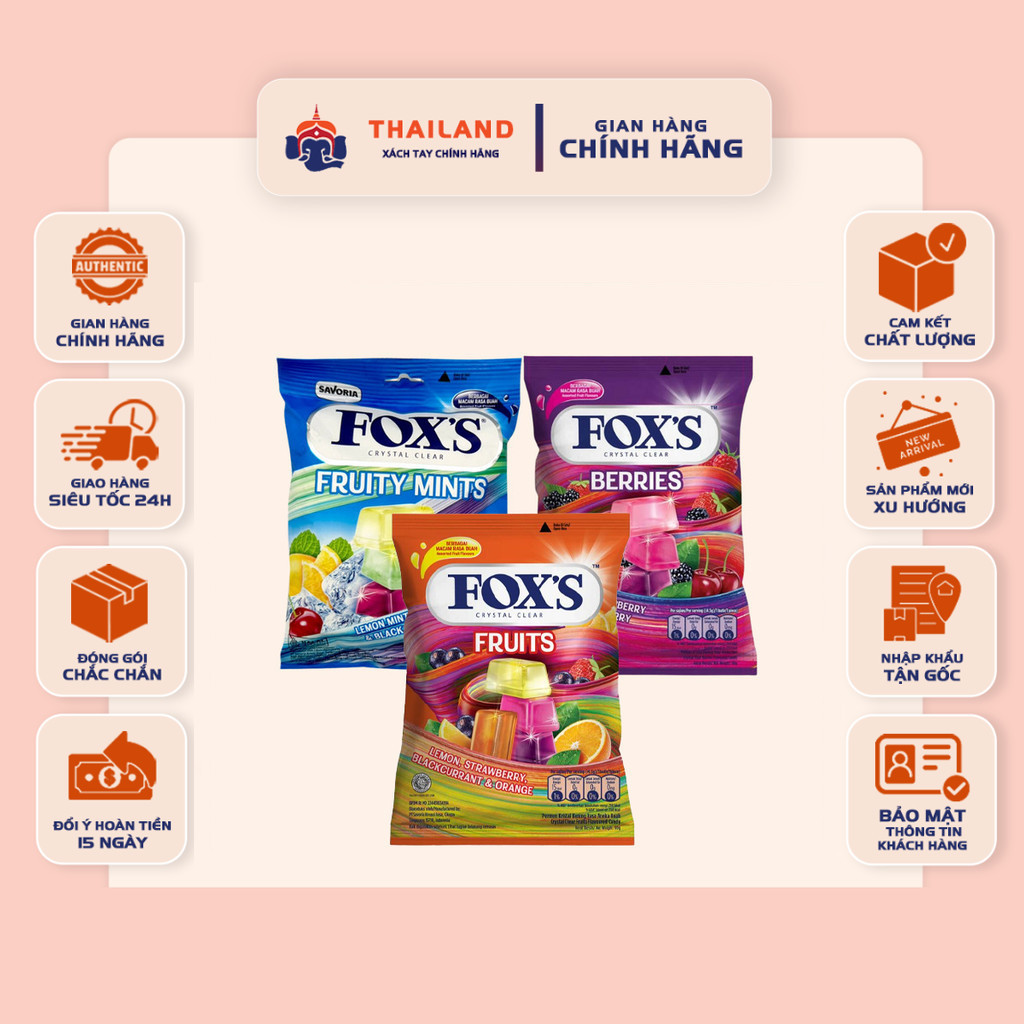 [GÓI 90gr] Kẹo Fox's Crystal Clear 3 Vị Fruity Mints, Berries Candy