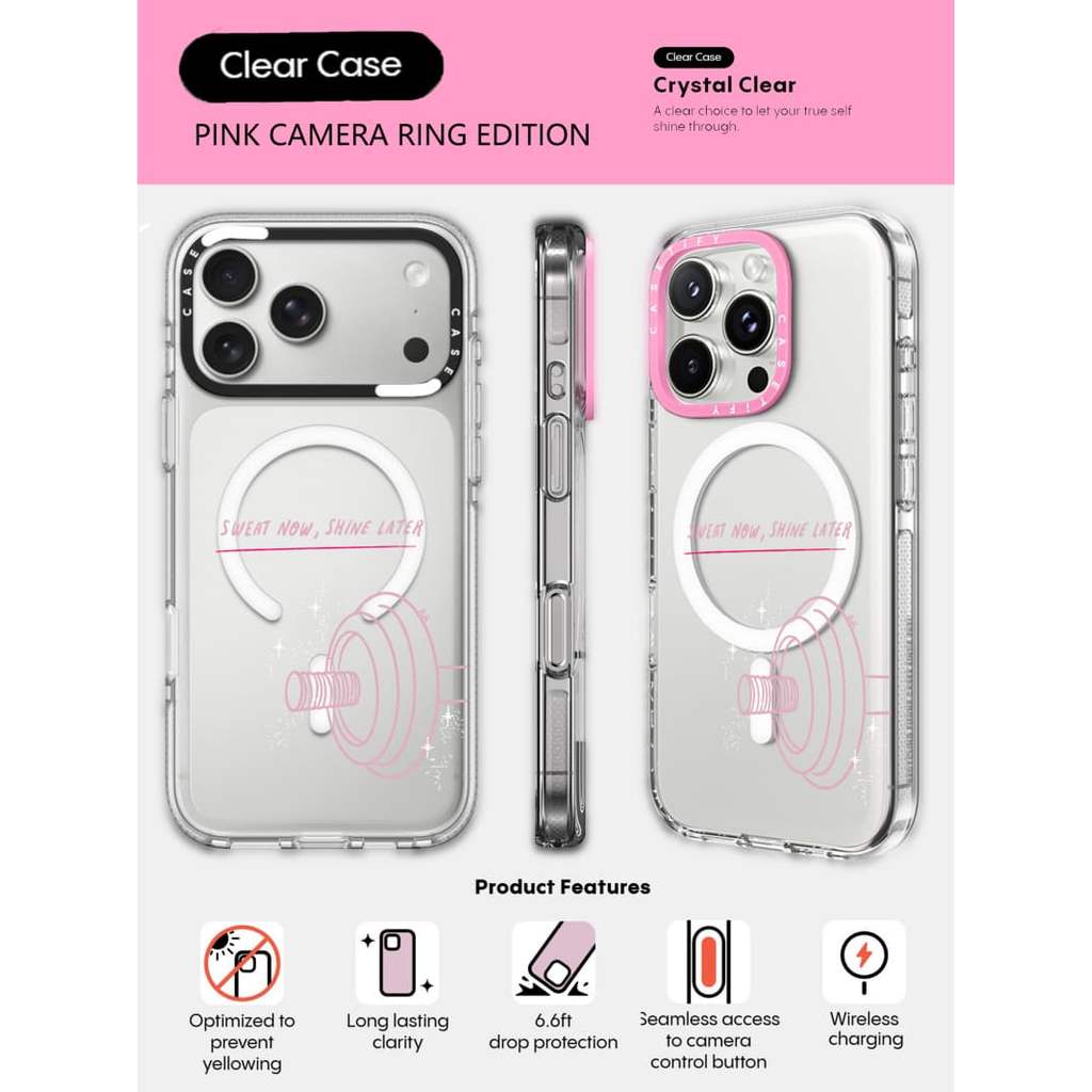 CASECASE X Shine Mode On Case HỒNG CAMERA RING EDITION Tác động Vỏ hút từ tính trong suốt cho iPhone