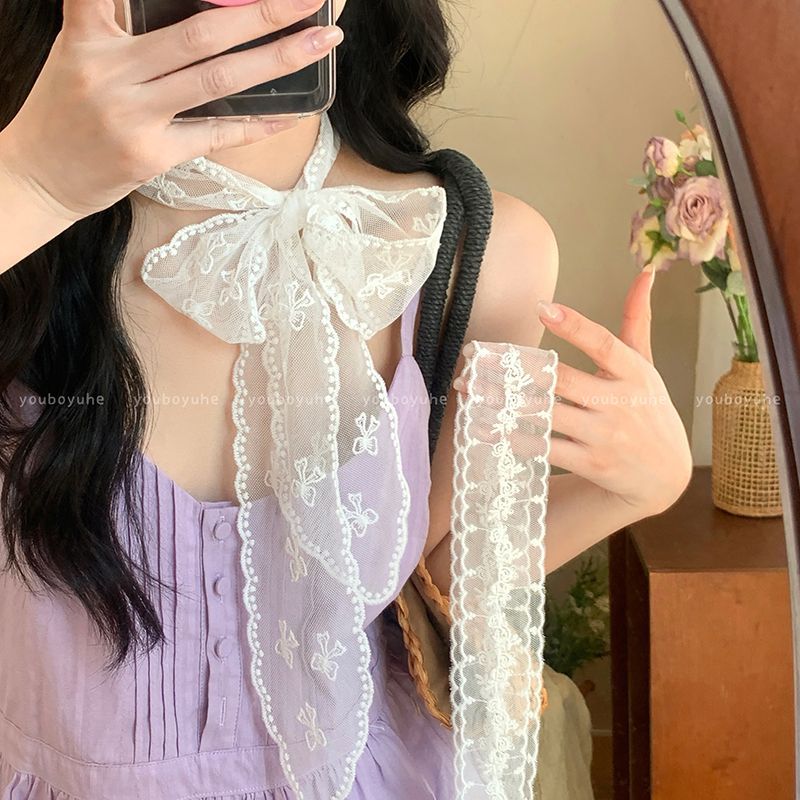 Hot Sale#Pure Desire White Lace Ribbon Long Scarf Hairband for Women Spring Summer Hot Girl Layered 