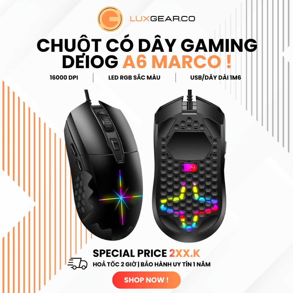 Chuột Gaming Silent Deiog A6 – DPI 16000 – LED RGB – 6 Nút – App Macro – Chuột Game Không Tiếng Clic