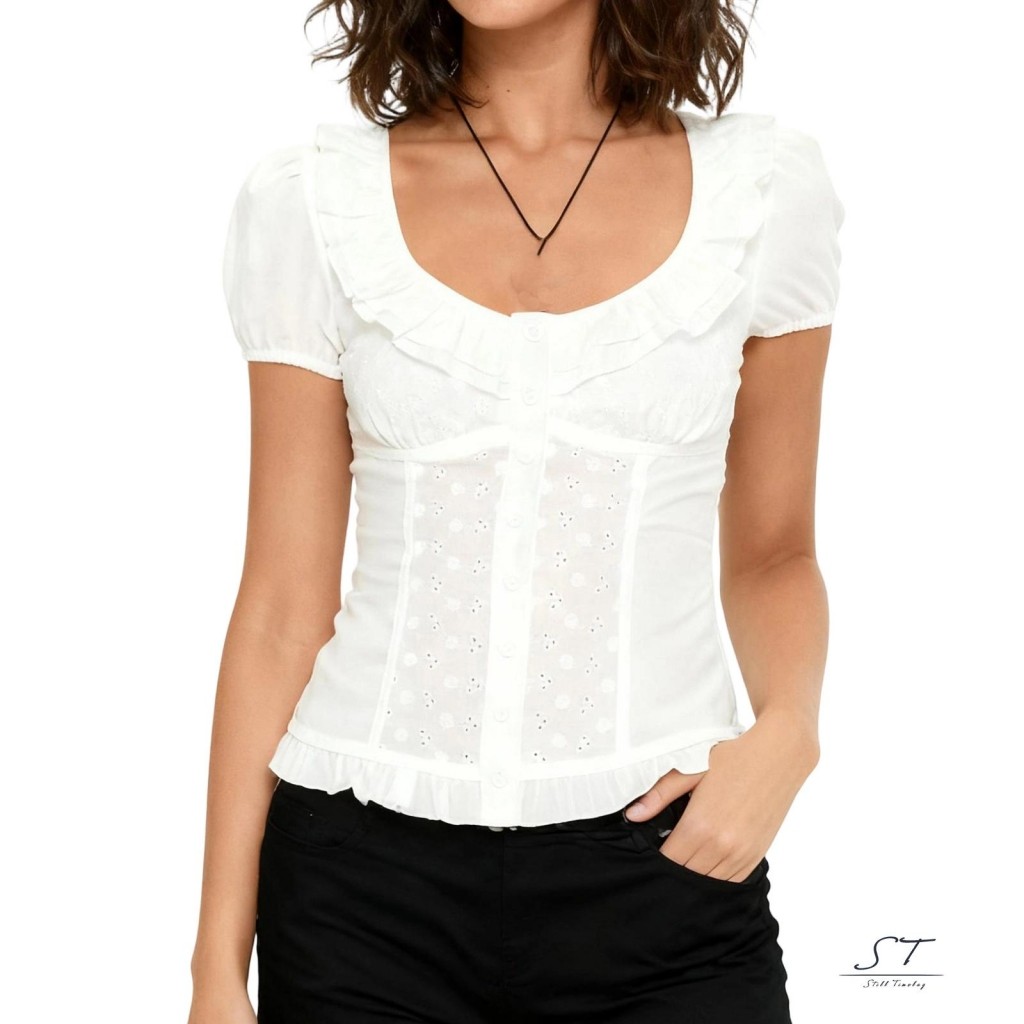 CY03-Áo thun nữ cổ tròn tay ngắn xù rỗng mùa hè cho hàng ngày