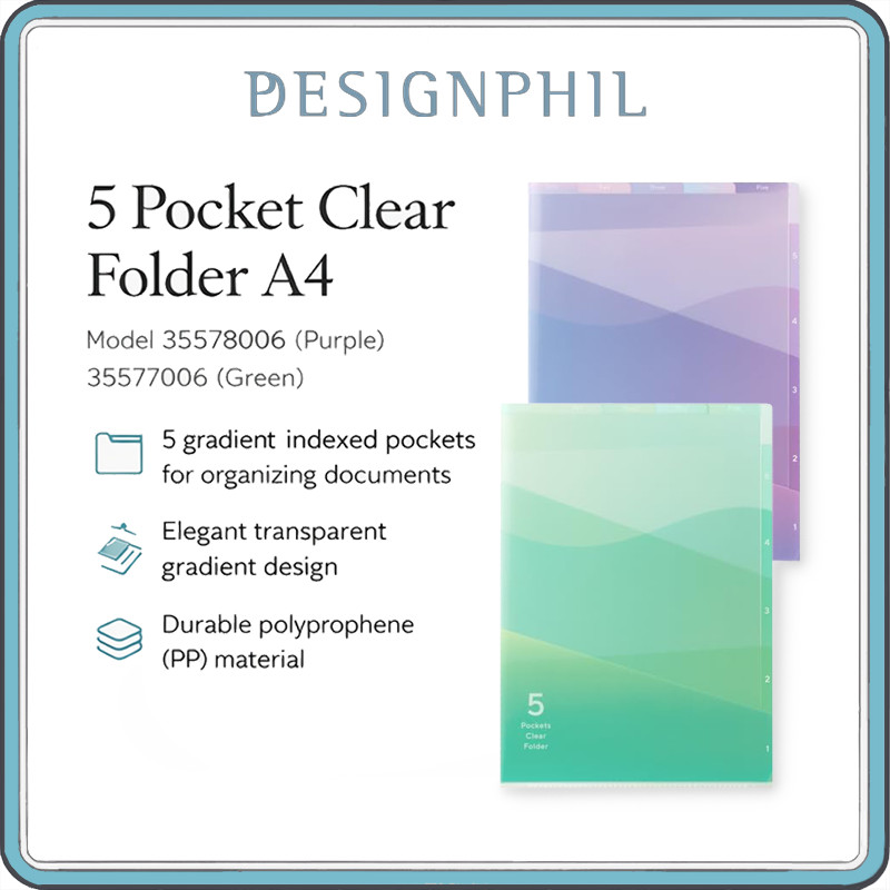 Midori A4 5 Pocket Clear Folder with Index Tabs – Gradient Transparent Document Organizer (Purple & 