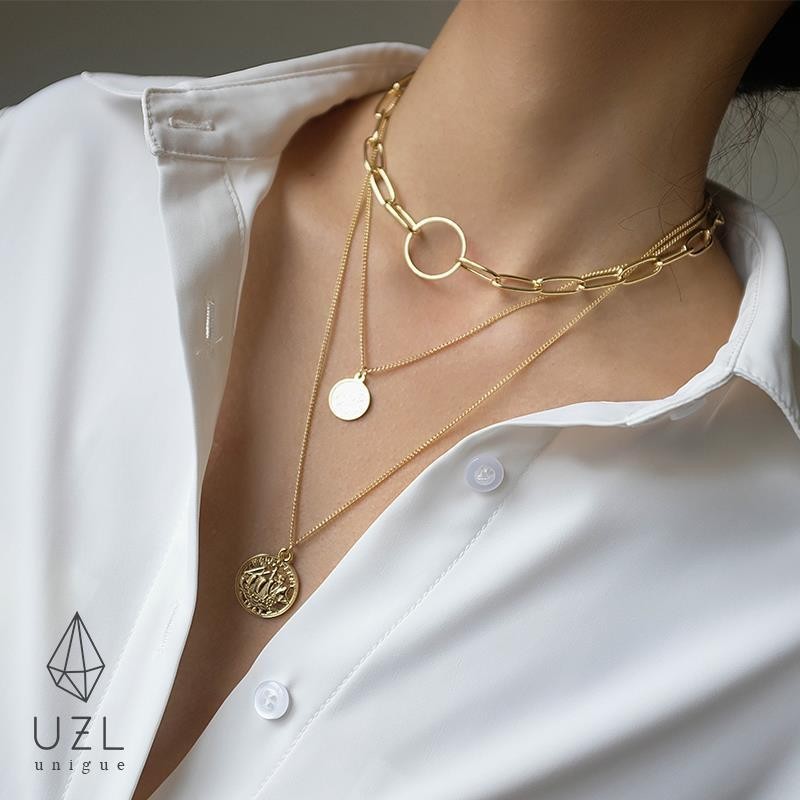 Vòng Cổ Đồng Xu Nữ Hip-Hop Dây Xích Xương Đòn Nhiều Lớp Dây Xích Cổ Tròn Đơn Giản Đĩa Phụ Kiện AC409