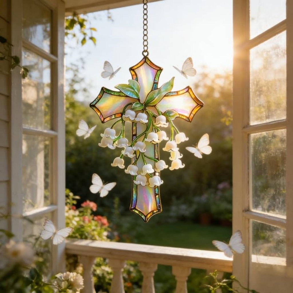 Thiết kế thanh lịch Lily of the Valley Cross Tạo hiệu ứng ánh sáng Lily of the Valley Suncatcher Món