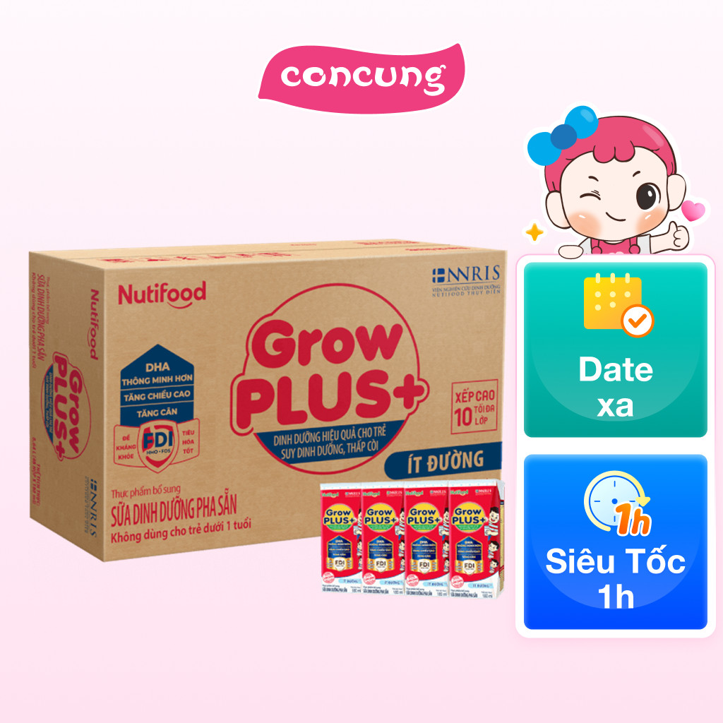 Thùng SPDDPS GrowPLUS 180ml Ít đường (lốc 4 hộp) - 12 lốc