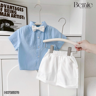 Set sơ mi công tử xanh trắng cho bé trai mặc thôi nôi sinh nhật kèm nơ 1 đến 7 tuổi BERNIE H0725B73