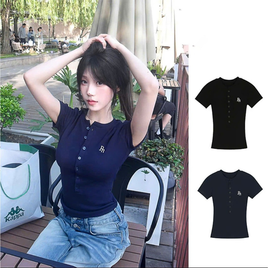 Áo thun croptop, áo kiểu babytee nữ ôm body ngắn tay cúc cài nữ 6 cúc in chữ RN | BigBuy360 - bigbuy360.vn