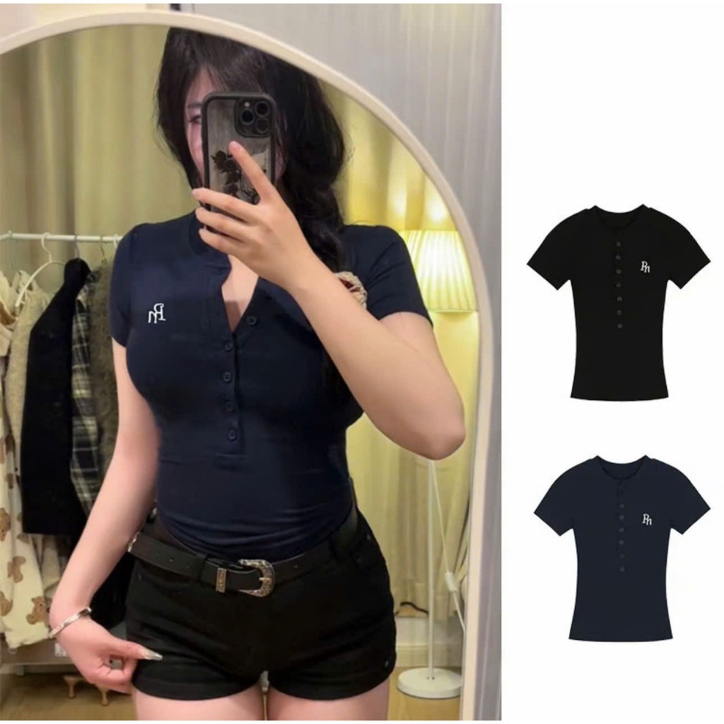 Áo thun croptop, áo kiểu babytee nữ ôm body ngắn tay cúc cài nữ 6 cúc in chữ RN | BigBuy360 - bigbuy360.vn