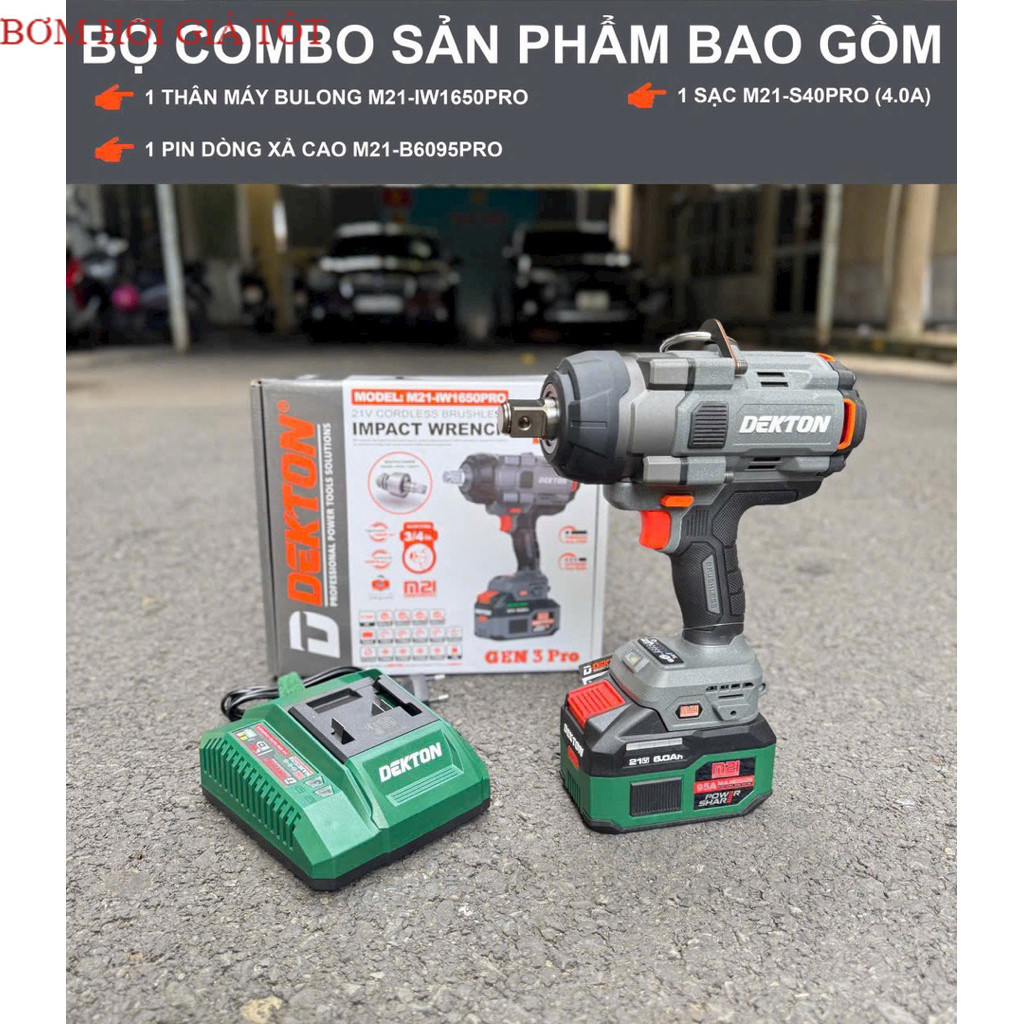 Combo Máy Siết Mở Bulong Dekton M21-IW1650PRO - Pin Sạc M21-B6095PRO - Búa Âm - Lực Siết 1650N Bơm h