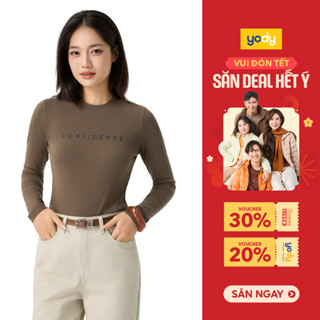  Áo thun giữ nhiệt nữ YODY cổ tròn in chữ CONFIDENT vải mềm mịn slimfit tối giản WCLT25F023 