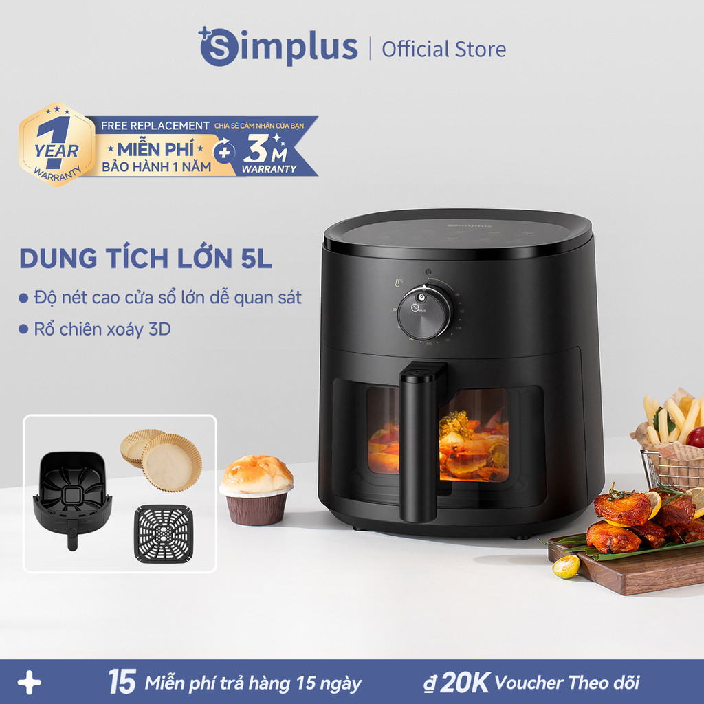 Simplus Nồi chiên không dầu 5L Sức chứa cho cả gia đình, Thiết kế nhỏ gọn, Tiết kiệm không gian Đa năng KQZG022