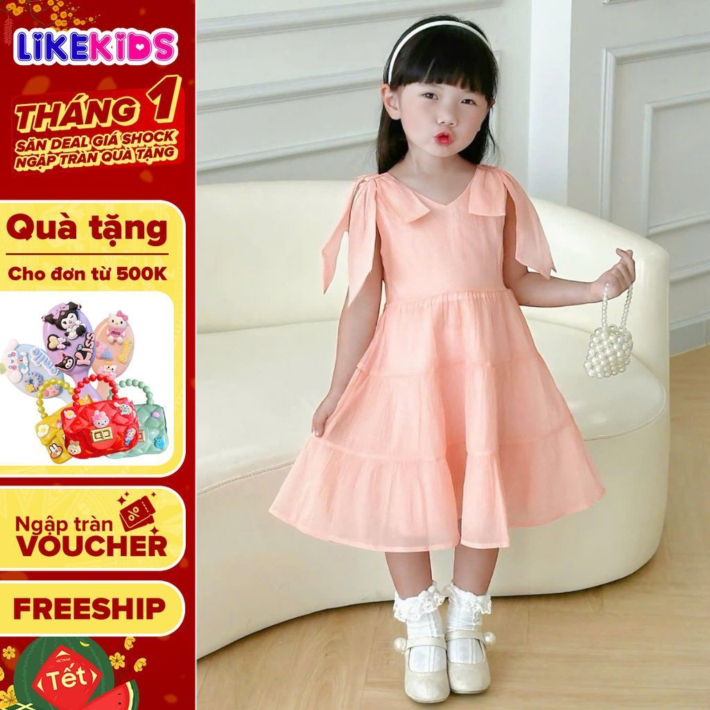 Đầm bé gái voan tay nơ, dáng xòe công chúa dịu dàng, chất mát nhẹ kiểu dáng CỘT VAI T63 - Likekids
