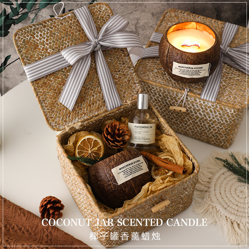 xinpin Handmade coconut shell unscented candle aromatherapy gift box set, ghee lamp, birthday gift, 