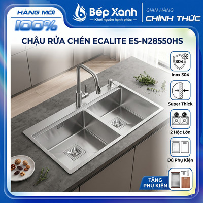 Bồn Rửa Chén 2 Hố Inox 304 Ecalite ES-N28550HS - Chậu Rửa Bát Đúc Nguyên Khối Chống Han Gỉ, Có Chỗ Gắn Bình Xà Phòng