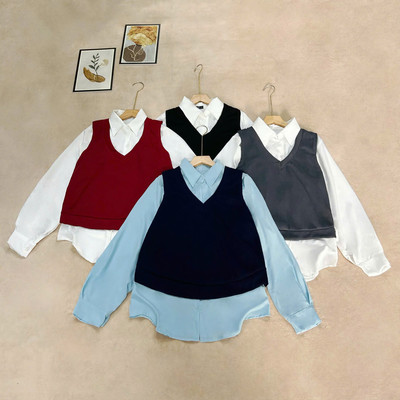 Set 2 Món Áo Sơ Mi Tay Dài Bigsize Nữ Phối Áo Thun Ghile Phong Cách Hàn Quốc Cho Chubby SM20+A335