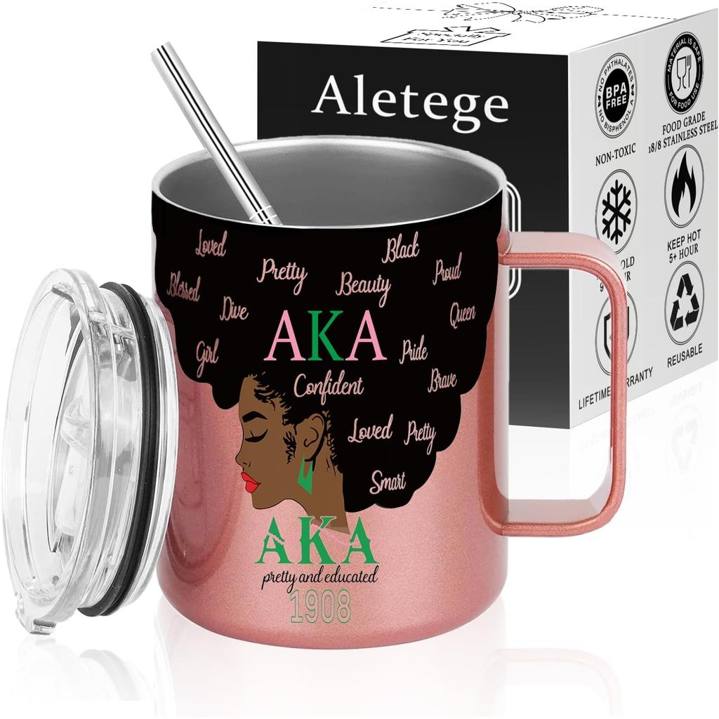 Cốc cà phê cách nhiệt bằng thép không gỉ AKA Paraphernalia Sorority - Quà tặng cho nữ, Vàng hồng 12 