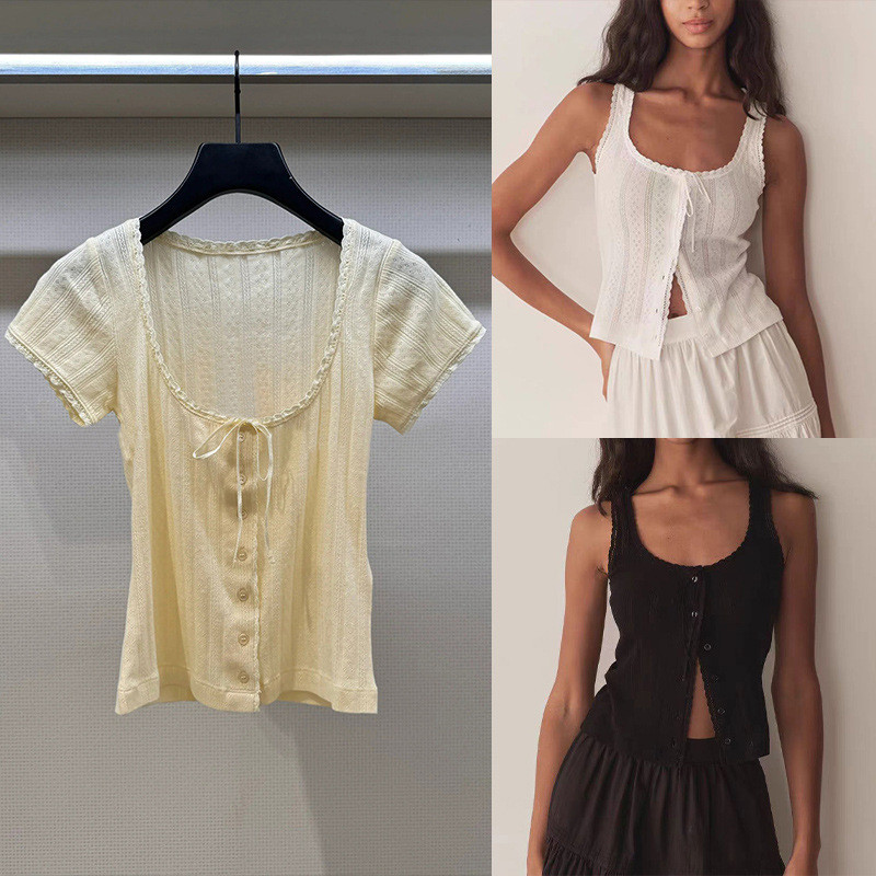 2N9F Sandro 2025Summer Soft Large Round Neck Lace-Up Hollow Fine Texture Front Button Short Sleeve W